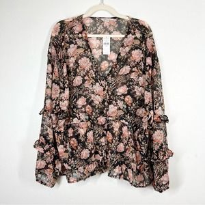 AMERICAN EAGLE NWT Tiered Ruffle Button Up Blouse Sheer Floral Micro V Neck XXL